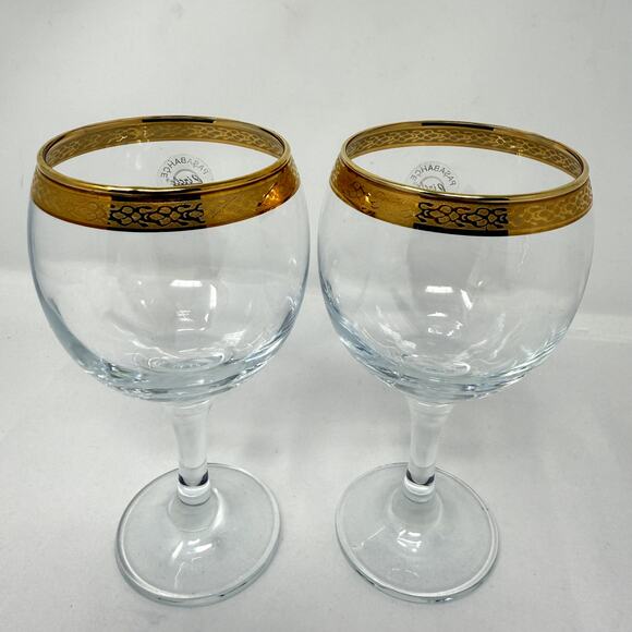 Pasabahce Circle Turkey Gold Rim Goblet Glasses Set of 2 Art of Glass 6.25” - Picture 4 of 7